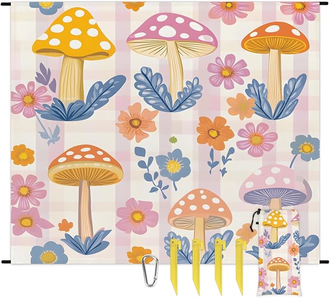 Waterproof Sandproof Beach Blanket 59''×68'' Fungal Mushrooms Polyester Outdoor Picnic Blanket with 4 Stakes &amp Storage Bag for BeachCampingVacation Flower