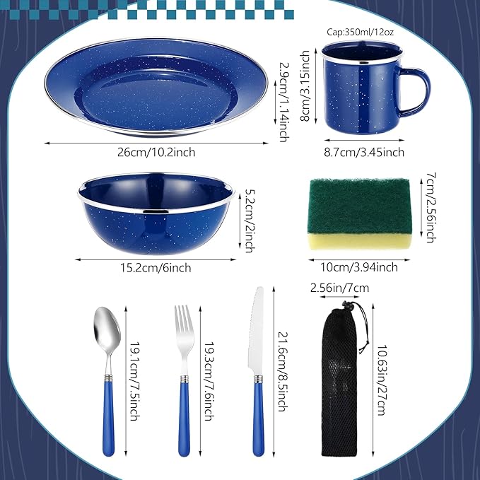 LemonRoad 9 Pcs Enamel Camping Cutlery Set Includes Bowls Mugs Plate Knife Fork Dishwashing Sponge Utensil Bags and Storage Straps Lightweight Tableware for Backpacking Camping Hiking Picnics