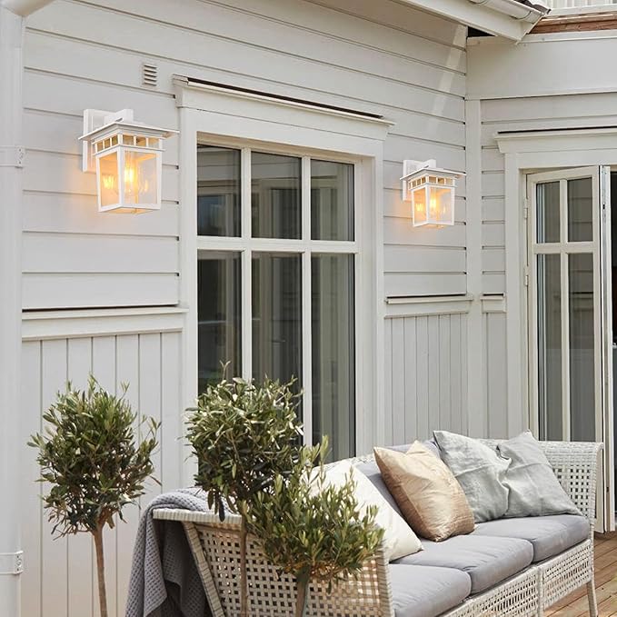 Outdoor Wall Lantern Exterior Lighting Fixtures Wall Mount 2 Pack White Outdoor Sconces with Seeded Glass Exterior Porch/Patio Lights for House Front Door Garage