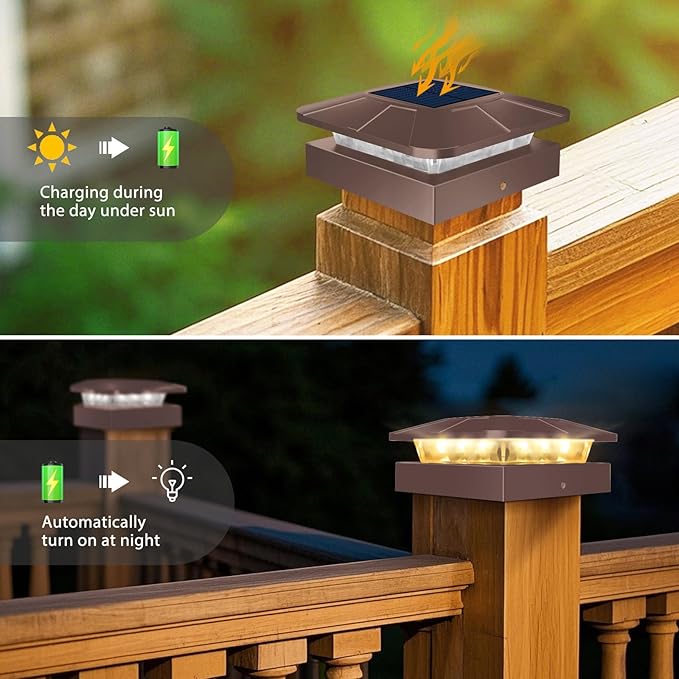 Peasur 4x4 Solar Post Cap Lights Outdoor with 3 Modes 20 Packs Brown Fence Deck Light Solar Powered Waterproof Wood/Vinyl Posts Top Lights for Yard Garden Patio Porch Railing Outside