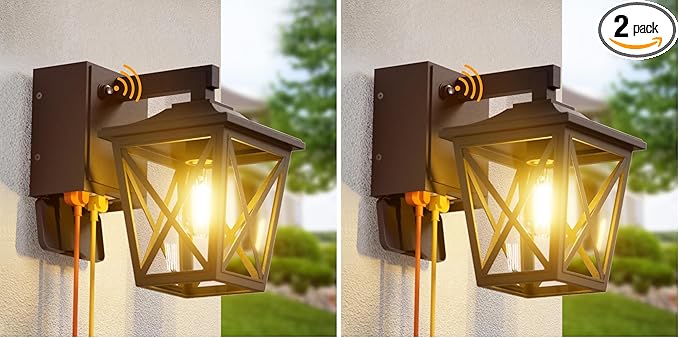 Ehaho Porch Lights with Outlet Dusk to Dawn Outdoor Light Built-in Waterproof Anti-Rust Lantern Outside Light with GFCI Outlet Wall Sconce Light with Plug for Front Door (Brown 1 PC) (Pack of 2)