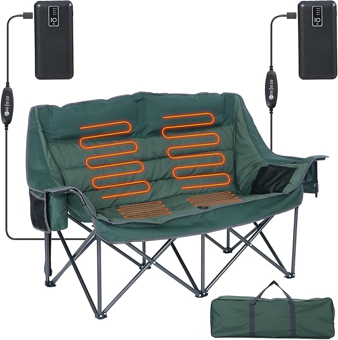 CDEN Heated Double Camping Chair Padded Oversized Folding Loveseat Portable Outdoor Sofa with Cup Holders Carry Bag Cooler Bag Bottle Opener for Camping Picnic BBQ Lawn Fishing (Green)