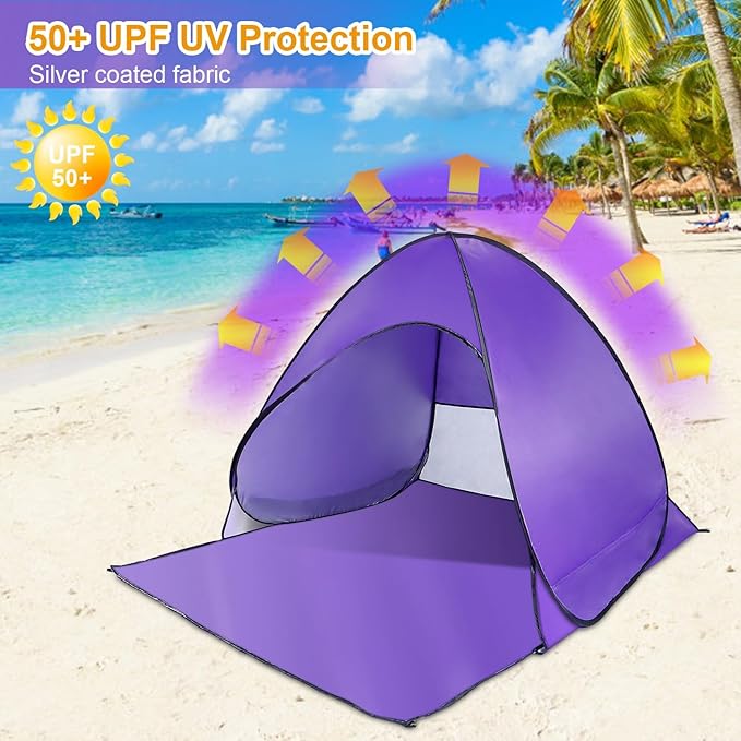 Pop Up Beach Tent Sun Shade Shelter Anti-UV Automatic Beach Tent Canopy for 2-3 People with Net Window Carry Bag for Park Camping (Purple)