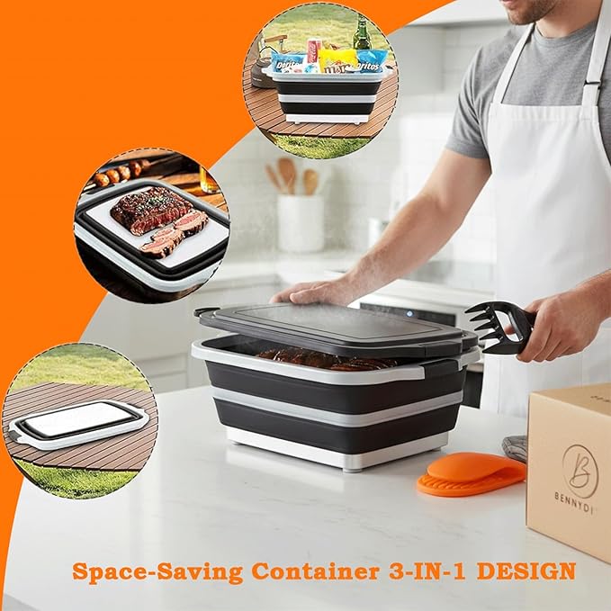 BBQ Prep Tub | Meat Prep Tub with Locking Lid 2 Meat Shredder Claws &amp BBQ Mitts Collapsible with Cutting Board Drain Plug Portable for Camping &amp Grill Design PicnicMarinating MeatVersatile