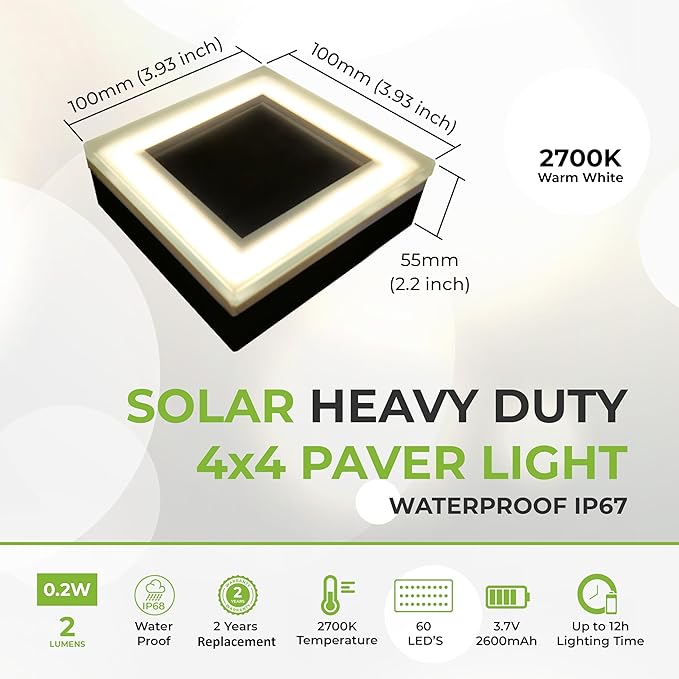 LUMENGY Solar Paver Light 4x4 Inch (3.93x3.93) Stainless Steel with Tempered Glass 2700K Warm White Glare-Free Lighting for Driveways Walkways and Patios IP67 Waterproof Drive-Over Rated V2