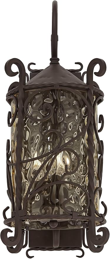 John Timberland Casa Seville Rustic Outdoor Wall Light Fixture Lantern Dark Walnut Iron Scroll 23 3/4 Hammered Glass Decor for Exterior House Porch Patio Outside Deck Garage Front Door Home