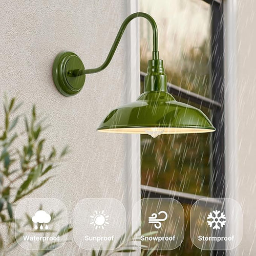 14 Inch Dome Outdoor Gooseneck Barn Lights Olive Green Farmhouse Exterior Wall Lights for Porch 2Pack Patio Barn Style Wall Mount Gooseneck Lighting for House Garage