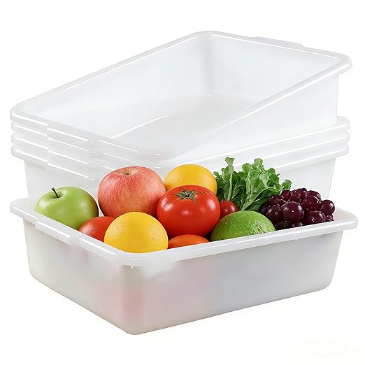 4-Pack Commercial Bus Tubs Box/Tote Box White Plastic Storage Bin with Handles/Wash Basin Tub (25 Liter)
