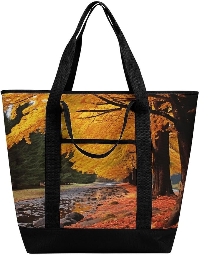 Insulated Shopping BagLarge Reusable Cooler Bags Fall Colors Printed Foldable Shopping BagTravel Waterproof Shoulder Bag
