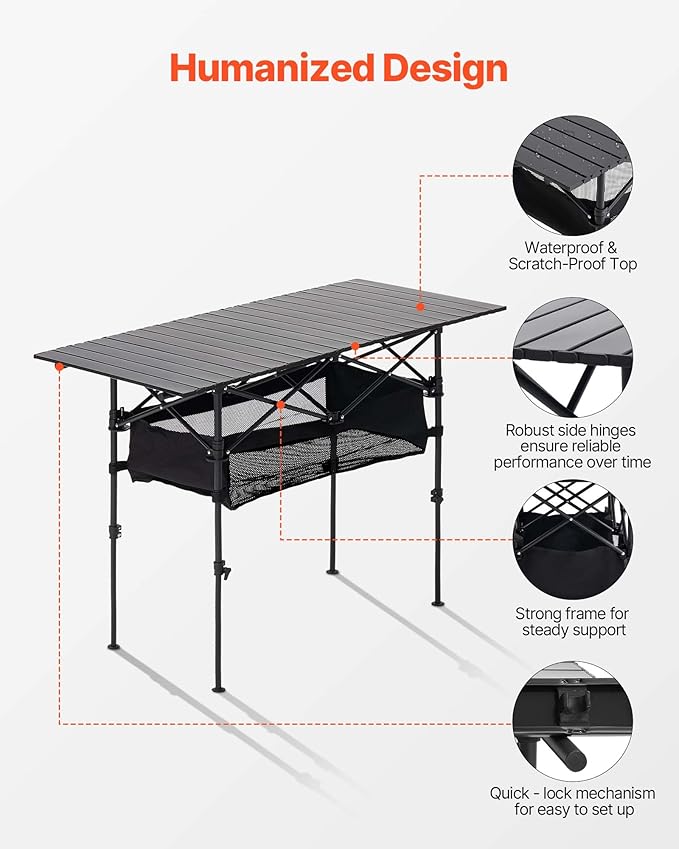 VEVOR Folding Camping Table Portable Roll Up Side Tables Lightweight Aluminum Beach Table for Outdoor BBQ Tailgating Picnic Travel (47 inch-Black)