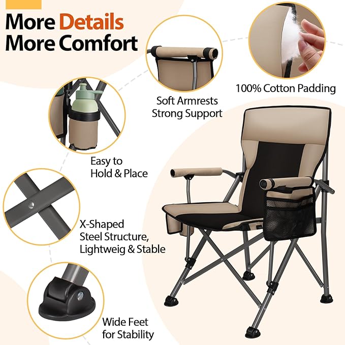 Heated Camping Chair with 20000 mAh Battery Loog-Lasting for 500 Mins Fully Padded Heated Camp Chairs Heavy Duty Folding Chairs Supports 500 lbs for Winter Camping Picnics Tailgating RV Travel
