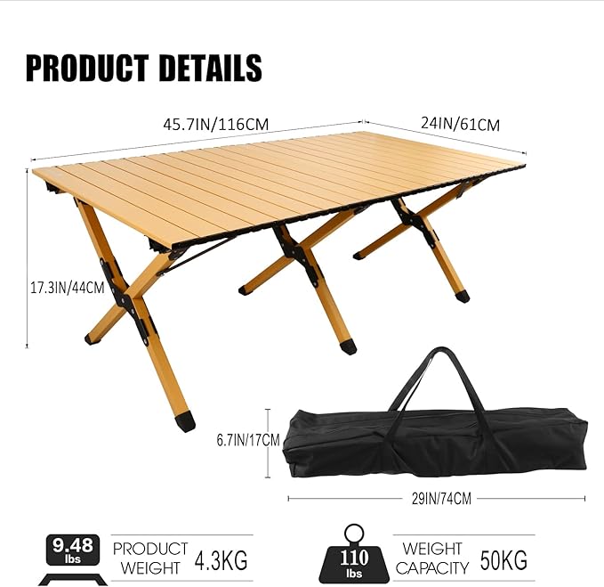 Folding Camping Table Lightweight Roll-Up Table Aluminum Low Portable Picnic Table with Easy Carrying Bag for Outdoor Beach Picnic Backyards BBQ and Party 45.2L x 23.6W x 17.3H