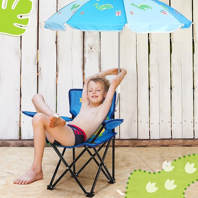 Outdoor Toddler Camping Chair with Umbrella Foldable Beach Chairs with Safety Lock for Kids Waterproof Lawn Kids Folding Chair for Outside Beach Travel(Dinosaur)