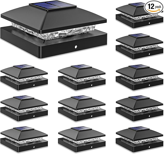 Solar Post Cap Lights Outdoor 12pack Black Waterproof Solar Powered Deck Fence Post Lights Fit 4x4 Wood/Vinyl Posts Bright Warm White Solar Post Lights Decorate Deck Patio Porch Fence