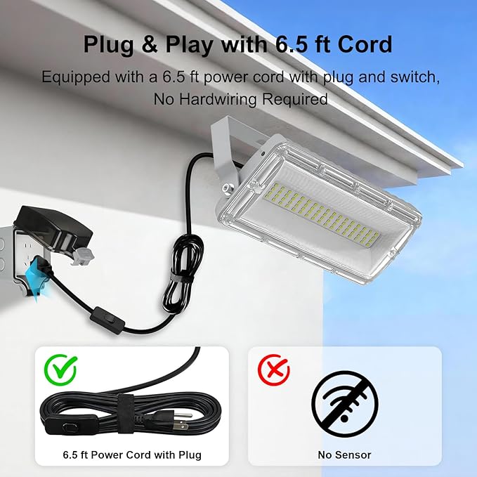 LED Flood Light Outdoor 50W 2 Pack LED Work Light with Plug &amp 6.5 FT Cord 7000LM Security Lights 6500K Daylight White Outdoor Flood Lights IP67 Waterproof Floodlight for Garden Yard