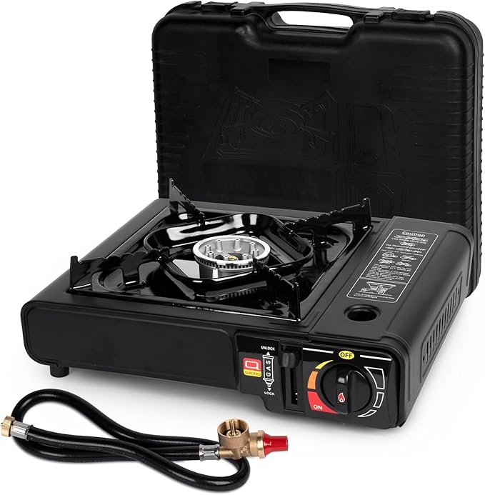 SHINESTAR Dual Fuel Stove with Butane &amp Propane Compatibility Portable Camping Stove for Outdoor Cooking Propane Adapter Hose and Carrying Case Included 7800 BTUs Output