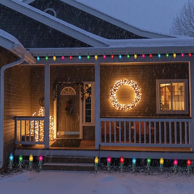 Abeja C9 Christmas Pathway Light Outdoor 38Ft Multicolor Bulbs Christmas Pathway Lights with 25Stakes Connectable Weatherproof Walkway Lights for Yard Lawn Sidewalk Garden Xmas Holiday Decor