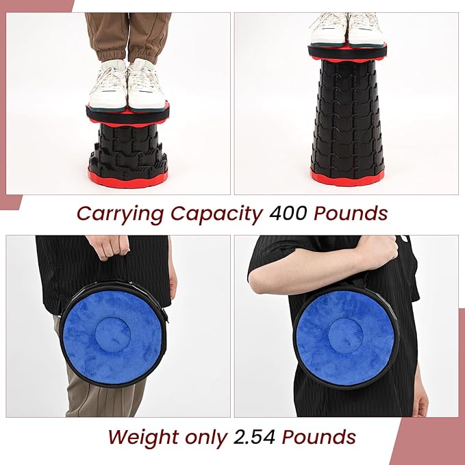 2 Pack Portable Telescoping Stools Collapsible Stool with CushionRetractable Foldingstool Max Load Capacity 400lbs Portable Collapsible Stools for Camping Hiking Outdoor BBQ Black-Red
