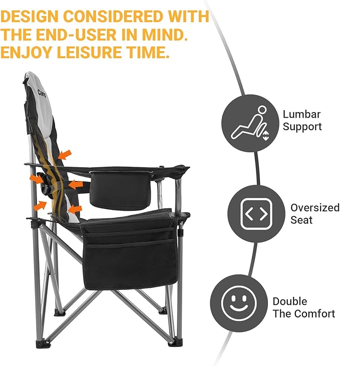 KingCamp Folding Portable Camping Chairs Oversized Padded Quad Arm Chair with Cooler Bag Cup Holder and Side Pocket Heavy Duty Supports 300 lbs for Outdoor Lawn Fishing Sports