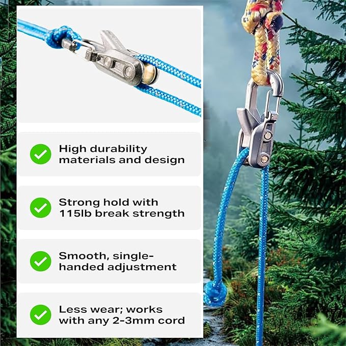 6-Pack Rope Tensioner Paracord Adjusters - Knot-Free Locking Tie-Down Tool with Roller Quick Adjust Buckle for Camping Boating Tent Outdoor Gear