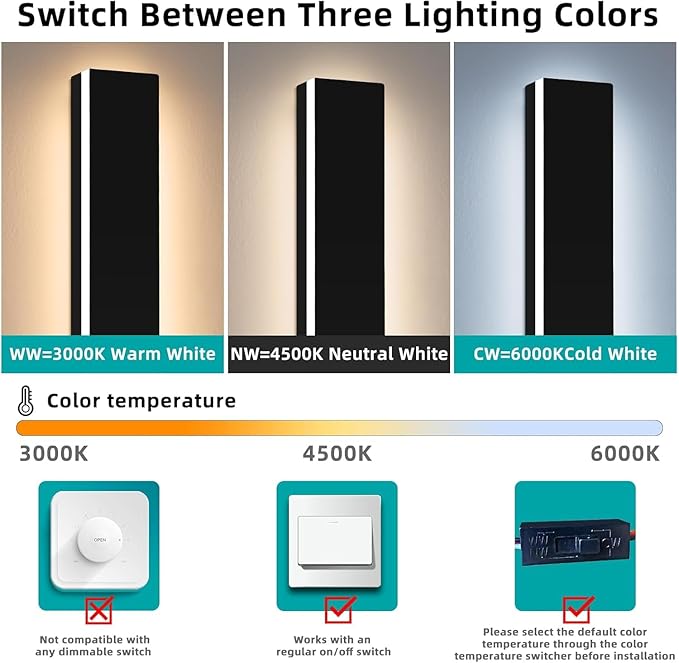 Upgrade Widened 2 Pack Outdoor Modern LED Wall Light 47.2inch Long Black Wall Sconces 3 Color 3000K/4500K/6000K IP65 Waterproof 42W Exterior Lighting Fixture for House Fence Yard Patio