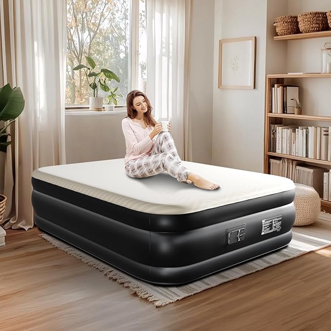 VINGLI Deluxe Air Mattress with Built-in Pump 18 Raised Blow Up Mattress with Soft Flocked Top Leakproof Inflatable Mattress for Camping Home Guestswith Storage Bag (Luxury Kaqi Queen)