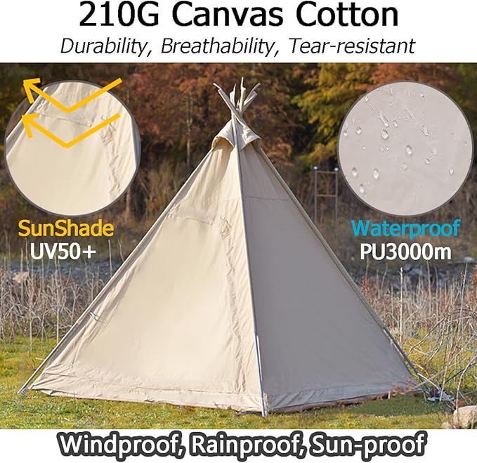 Canvas Tent Teepee Tent for Adults 210G Cotton with Double Door 3 Seasons 2-3 Person for Family Outdoor Camping Parties Glamping