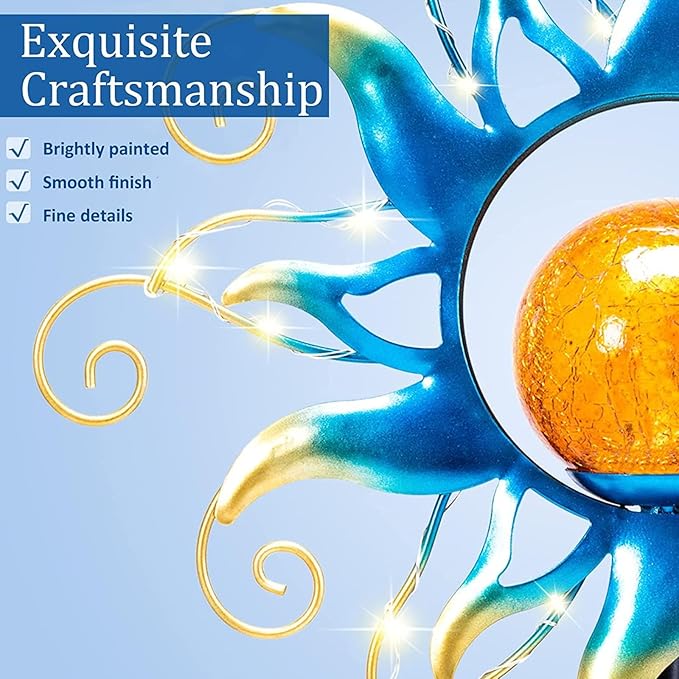 Solar Lights Outdoor Garden Decor Blue Metal Sun Crackle Glass Globe Stake Waterproof 30LED Decorations Unique Gifts for WomenMomOutside PatioLawnYardPathway
