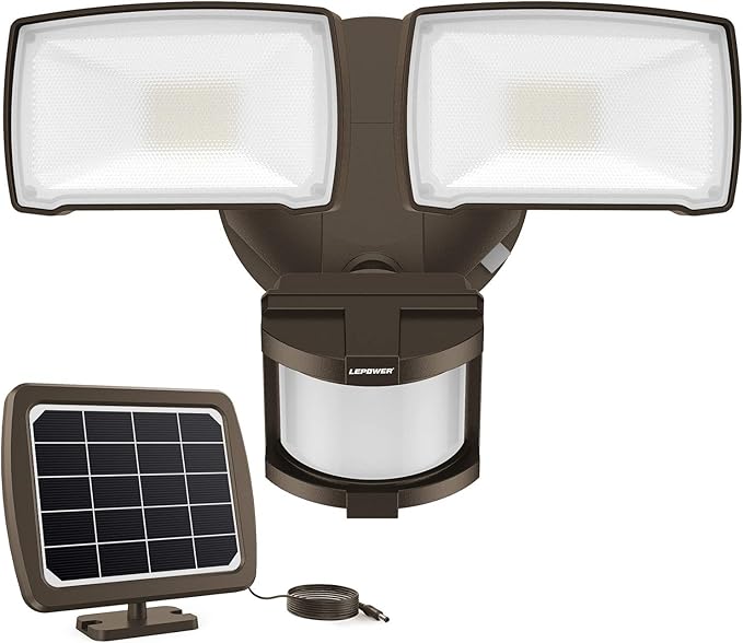 LEPOWER Solar Security Lights Outdoor 1000LM Solar Motion Sensor Light Outdoor 2 Head Solar Powered Flood Lights 5500K IP65 Waterproof Flood Lights for Backyard(Brown)
