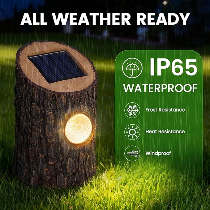 Solar Garden Lights Outdoor 2 Pack Decorative Rustic Tree Stump Pathway Lights Warm White Auto On/Off IP65 Waterproof Lights for Yard Patio Lawn Flower Bed Steps Garden Decor Gifts