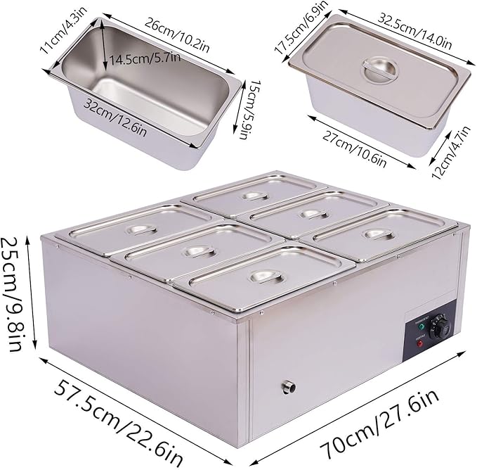 Countertop Food Warmer 850W 6-Pan Electric Steam Table 15cm/5.9inch Deep 7L Large Capacity Stainless Steel Buffet Steam Warmer for Catering and Restaurants 110V(7L / 6-Pan)