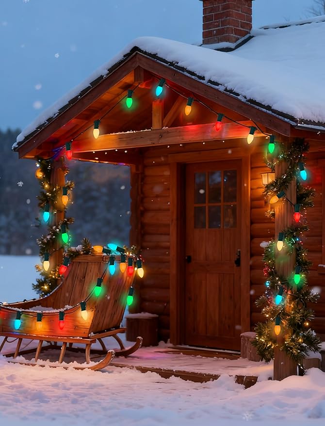 25Ft C7 LED Multicolor Christmas Lights Outdoor C7 Vintage Christmas String Lights with 25 Shatterproof Colorful Bulbs Hanging Retro Christmas Tree Lights for Party Backyard Garden Patio Holiday