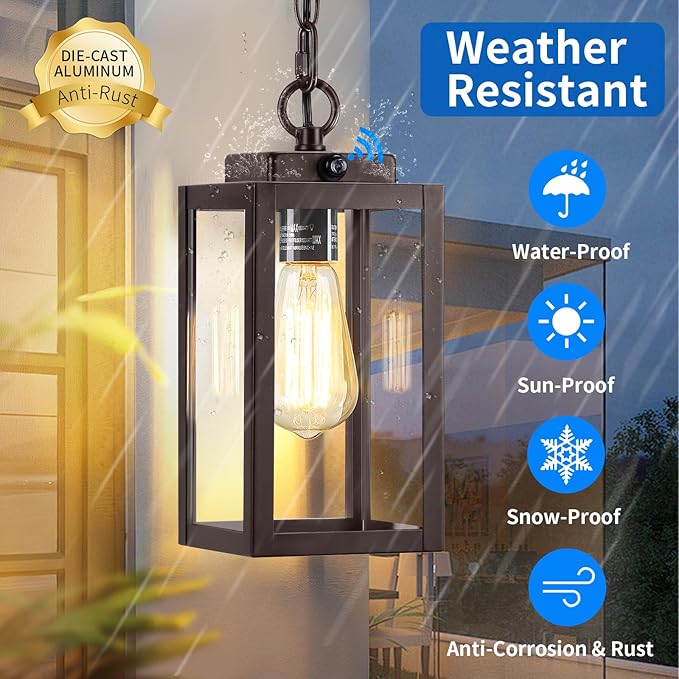 11'' Dusk to Dawn Outdoor Pendant Light Modern Outside Chandelier Outdoor Hanging Lantern Light Matte Brown with Clear Glass Exterior Pendant Lighting Fixture for Porch Yard Gazebo ORB (Small)