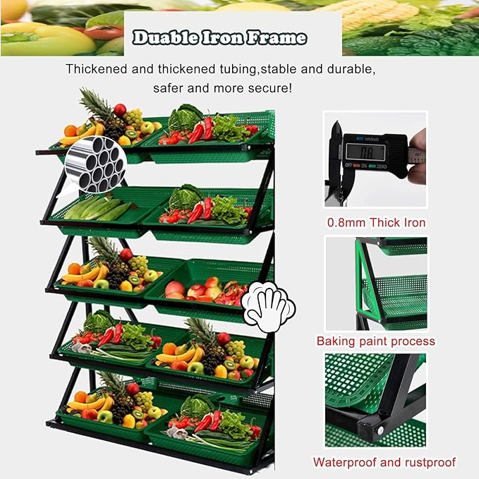 Fruit Vegetable Basket Shelf 5 Layer Retail Display Rack Market Shelf with 10 Baskets Standing Supermarket Snack Candy Display Organizer for Kitchen/Store/Garage