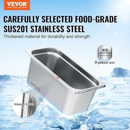 VEVOR 8 Pack Hotel Pans with Lids 1/3 Size Anti-Jam Steam Pan 0.8mm Thick Stainless Steel Steam Table Pan 6-Inch Deep Commercial Table Pan Catering Storage Food Pan for Industrial &amp Scientifi