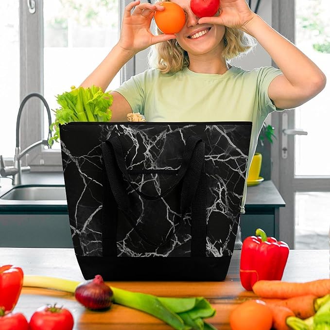 Insulated Shopping BagLarge Reusable Cooler Bags Black Marble Printed Foldable Shopping BagTravel Waterproof Shoulder Bag