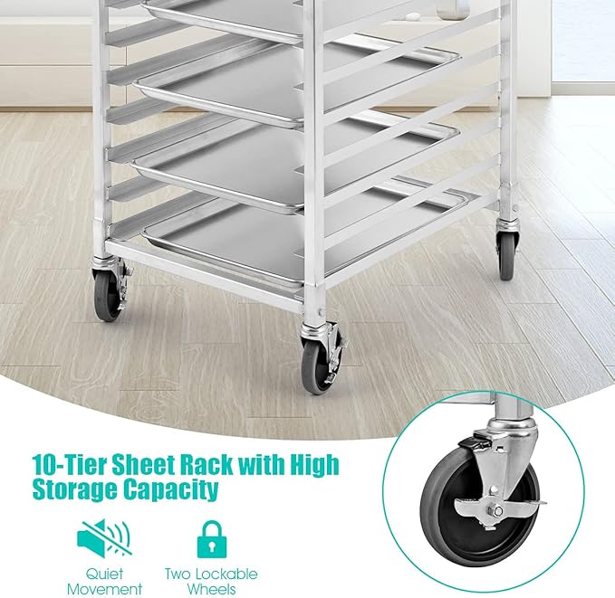 ReunionG 10 Tier Bun Pan Rack Bakery Rack with 2 Lockable Wheels 10 Sheet Aluminum Storage Cooling Trolley with Open Shelf Dough Pizza Baking Mobile Rack for Home Commercial