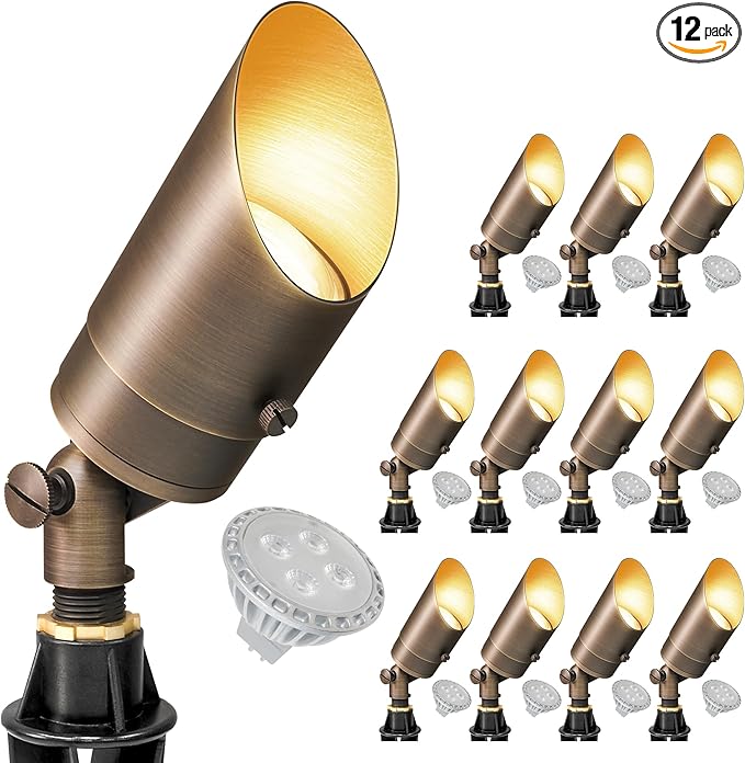 GKOLED 12 Pack Brass Landscape Spotlight LED Low Voltage Landscape Lighting Outdoor Adjustable Lights for Yard Wall Lawn Tree Patio Garden Waterproof Directional Up Light with 5W MR16 Bulb