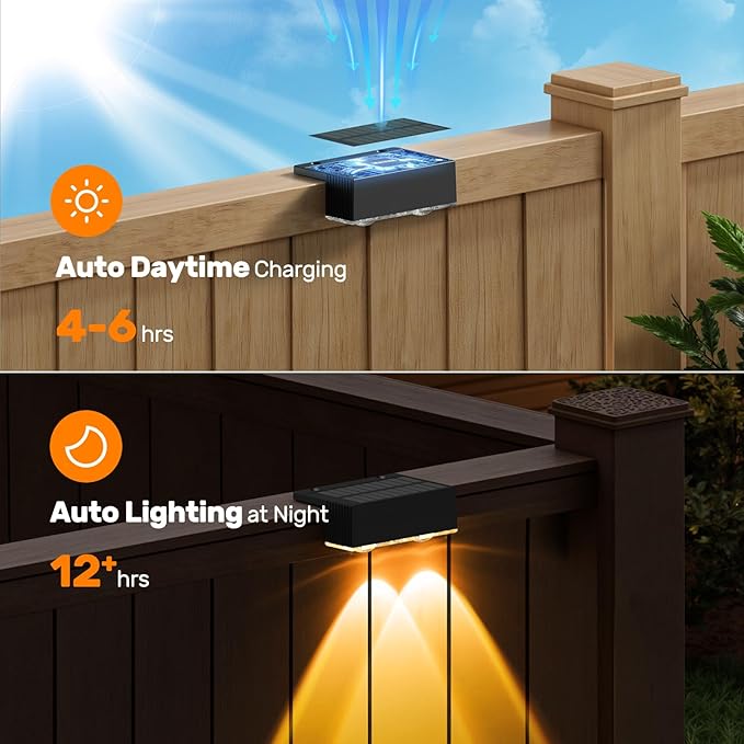 NIORSUN 12 Pack Solar Fence Lights LED Outdoor Lights Warm White + RGB IP45 Waterproof Black