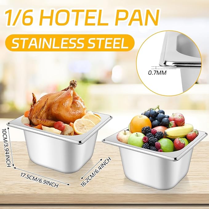 10 Set Stainless Steel Hotel Pans with Lids 1/6 Size 4 Inch Deep Steam Table Pans Food Containers Catering Food Storage Metal Pan Lid Anti-Jam Steam Pan Cover for Commercial Restaurant Hotel Buffet
