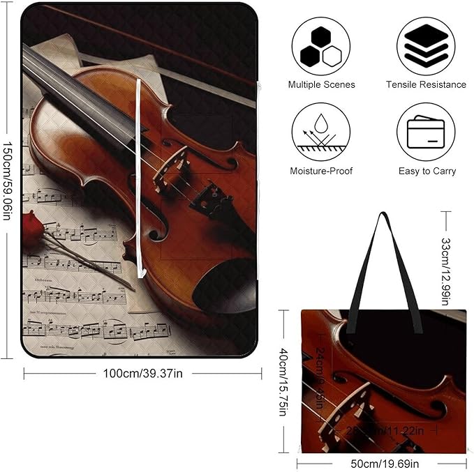 Zipper Violin Sheet Music Style Picnic Mat Suitable for Travel Camping Park Or Home Use