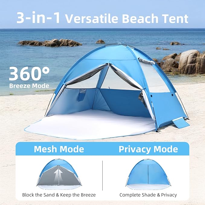 Beach Tent Sun Shelter for 4/5 Person - UPF 50+ UV Protection Portable Beach Shade Sun Canopy Waterproof &amp Lightweight Easy Setup Beach Tent for Family Beach Trips Picnics Camping
