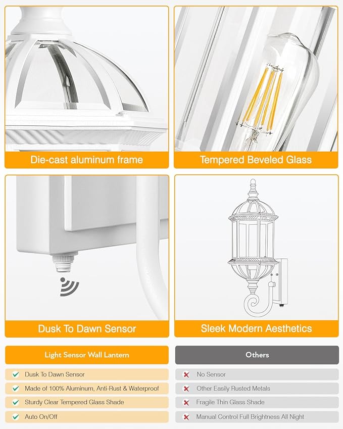 VIANIS Dusk to Dawn Porch Lights Outdoor Classic White Outdoor Wall Lights Anti-Rust Outside Lights for House with Tempered Beveled Glass Waterproof Exterior Lighting Fixtures for House Entryway