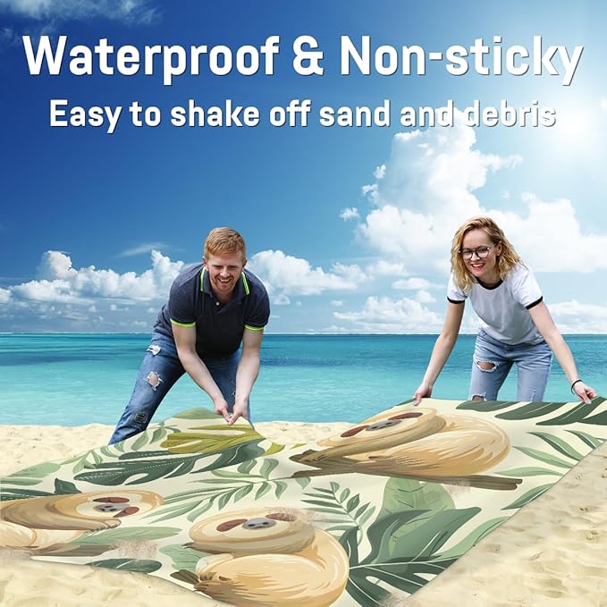 Waterproof Sandproof Beach Blanket 59''×68'' Sloth Polyester Outdoor Picnic Blanket with 4 Stakes &amp Storage Bag for BeachCampingVacation Leaves