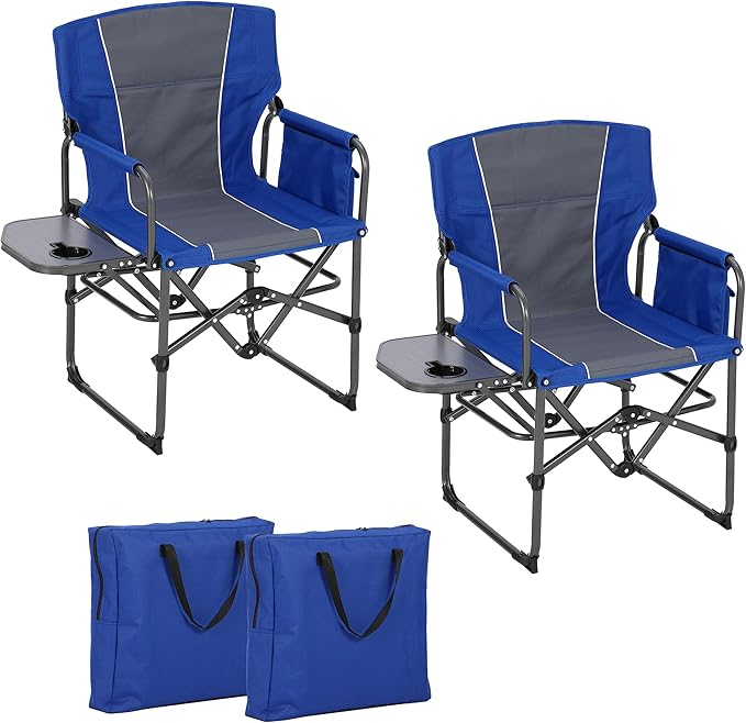 Folding Camping Chairs for Adults Portable Lawn Chair with Side Table Side Pocket &amp Beverage Holder Heavy Duty Director Chair for Outside Rv Beach Yard Garden Deck