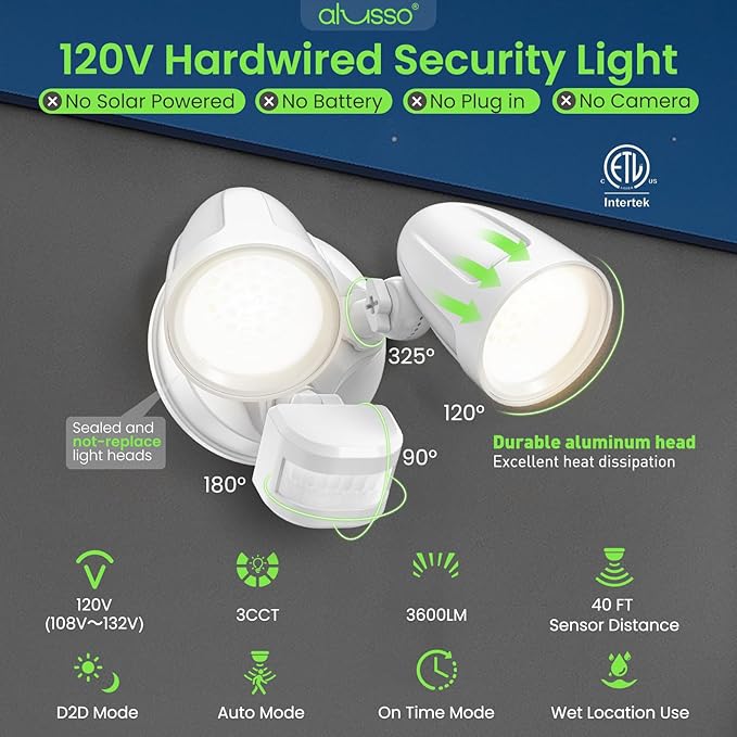 ALUSSO Motion Sensor Outdoor Lights Metal Heads 30W 3600LM Flood Lights Outdoor 120V 3 Modes Dusk to Dawn/Auto/On Time 3000K 4000K 6500K Adjustable Hardwired Security Light ETL Listed White 1PC