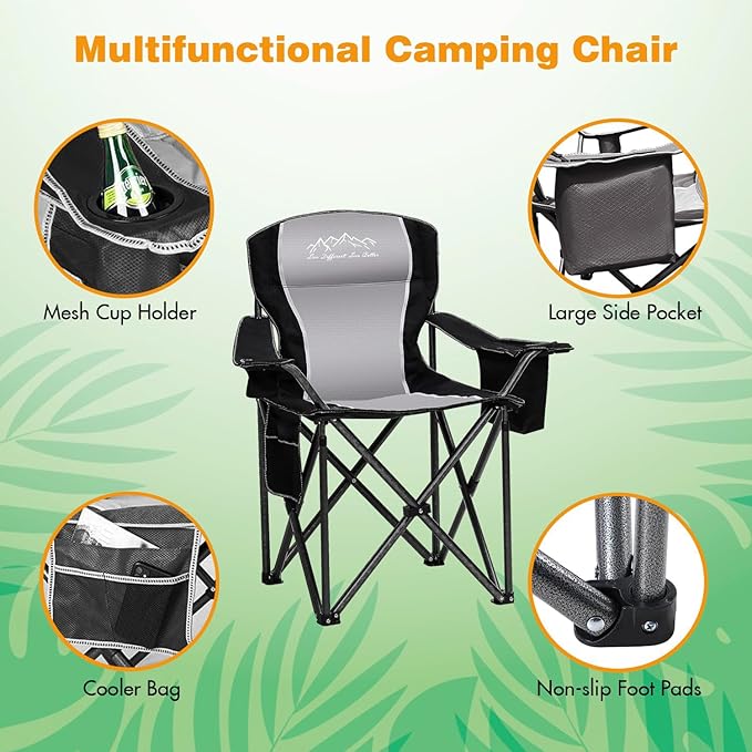 2PCS Folding Camping Chair Portable Outdoor Heavy Duty Padded Chairs Lawn Chair with Cup Holder Storage Pocket and Cooler Bag Supports 480LBS Black
