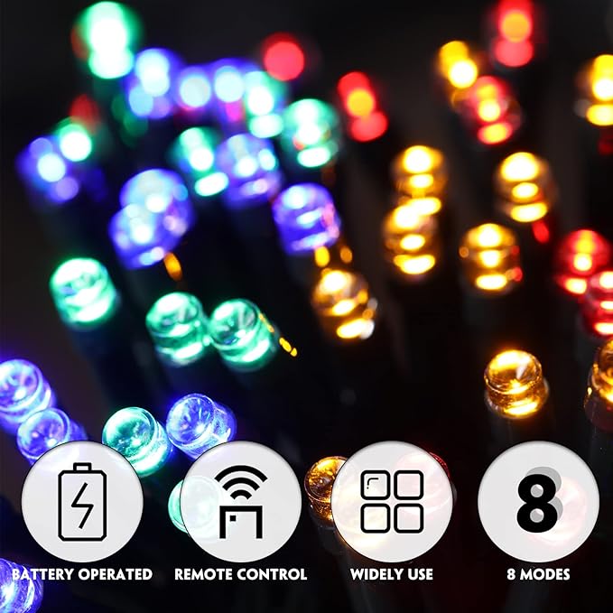 Tuanse 8 Pack Battery Operated Outdoor Christmas Tree String Lights16.4 ft Mini Light Outdoor Christmas Lights with 50 Led of Dark Green Cable Lighting for Bedroom Garden Yard (Colorful Light)