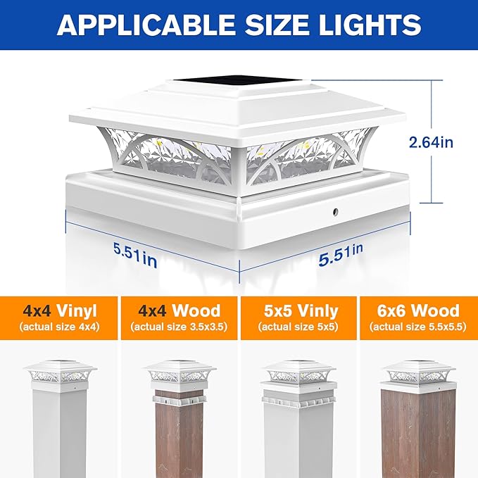 APONUO Solar Post Cap Lights 6 Pack - 4x4 5x5 6x6 Fence Post Lights Auto On/Off Waterproof IP64 2-Mode (Warm/Cool White) Deck Patio Yard Solar Light for Wood &amp Vinyl Posts White
