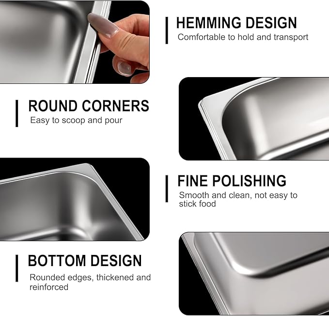 West Bay 4 Pack 1/6 Size Hotel Pan with Lids 4'' Deep Steam Table Pan with Lid 7''L x 6.5''W Stainless Steel Pans for Home Party Hotel Buffet